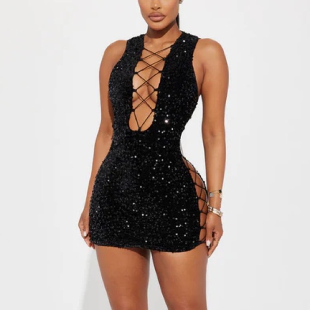 NWT Fashion Nova Sabrina Sequin Mini Dress Black